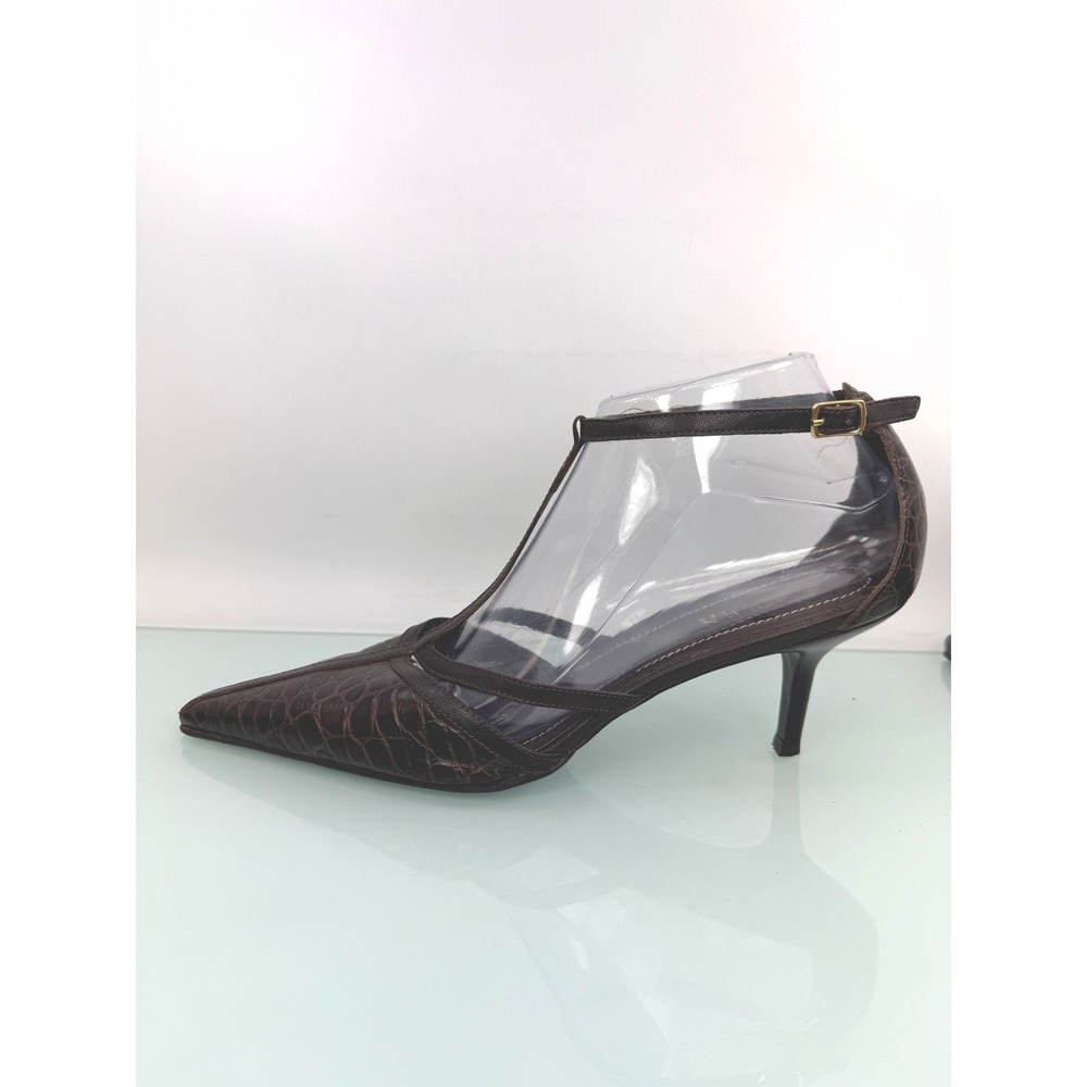 Lauren Ralph Lauren Brown Croc Embossed T Strap Kitten Heels Pointed Toe 8.5 y2k - Picture 4 of 11